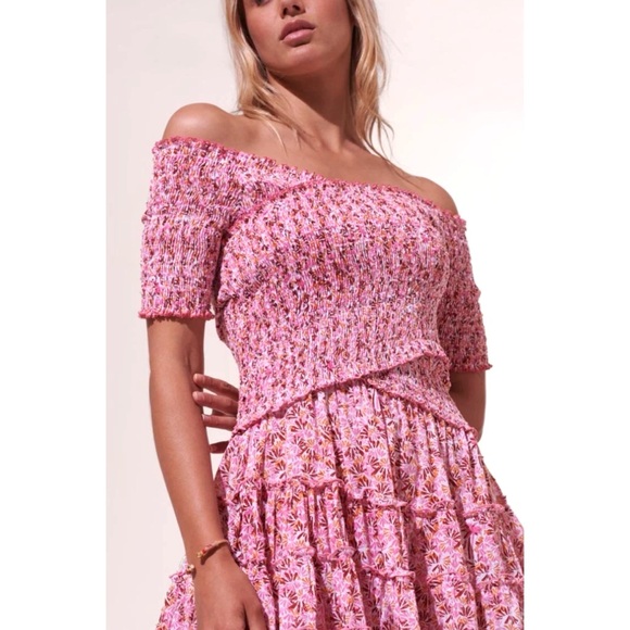 Poupette St Barth Soledad Smocked Midi Dress Pink Damask Floral Off Shoulder - Picture 3 of 16